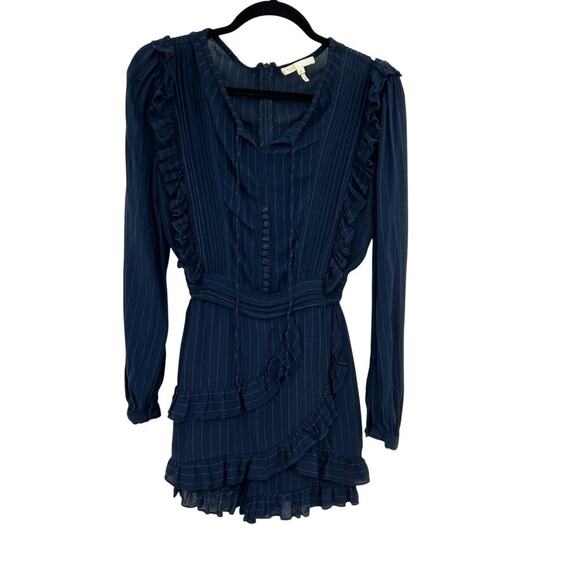 Maje Istra Ruffled Crepe Playsuit Romper Long‎ Sleeve Pinstripe Blue Size 34 XS - Picture 2 of 13